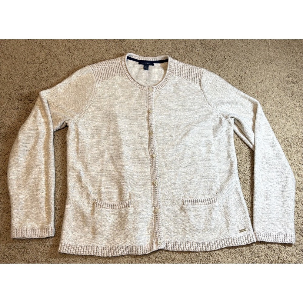 Tommy Hilfiger‎ Cardigan Women's Size XL Chunky Knit Tan/Gold Pockets Preppy